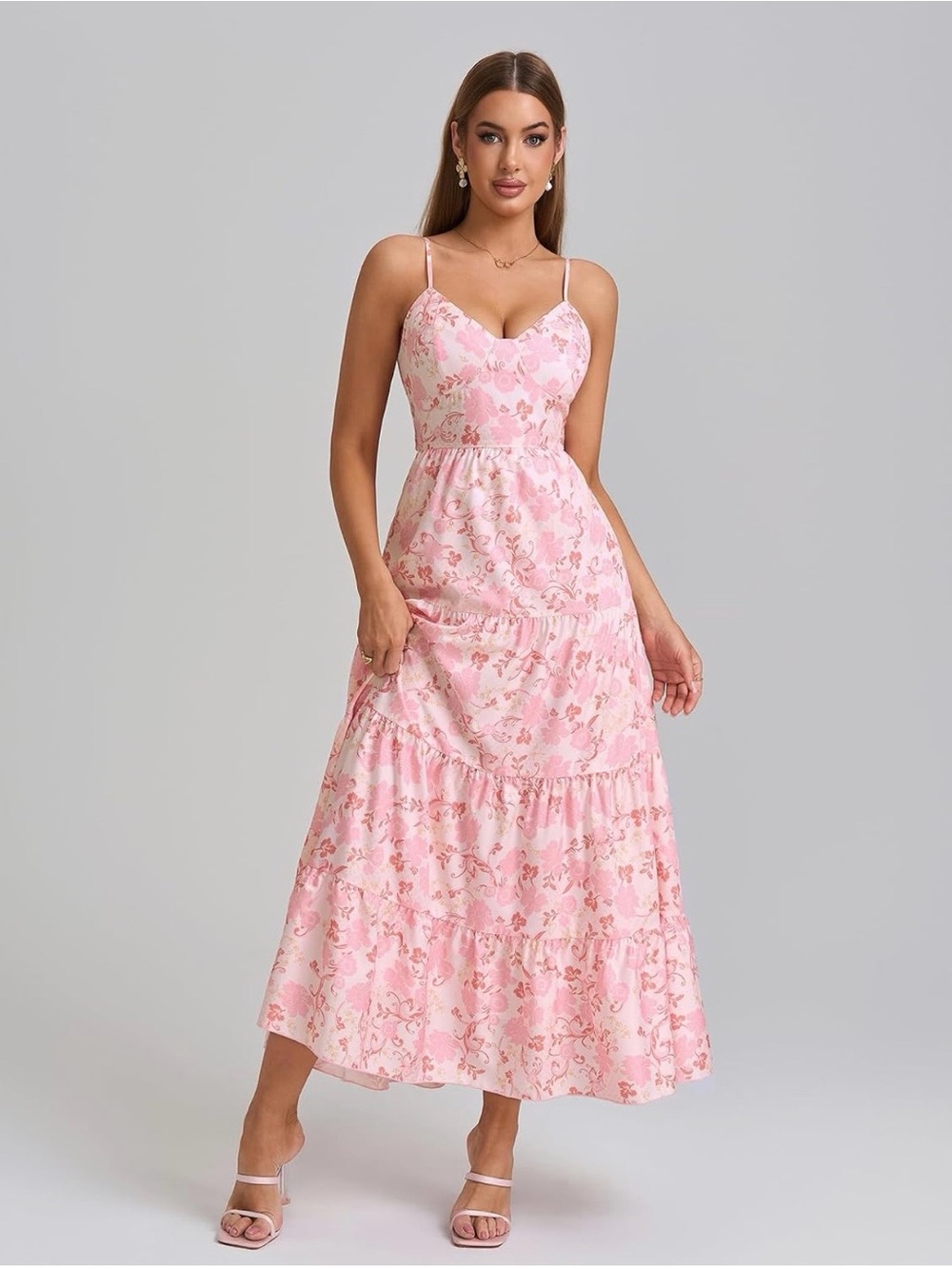 Amazon Pink Floral Spaghetti-Strap Maxi Dress